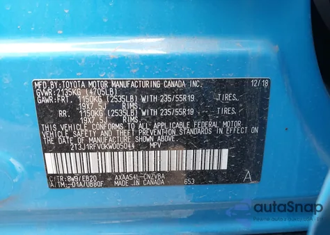 2019 Toyota Rav4 Adventure из США, поврежденный, VIN 2T3J1RFV0KW005044